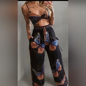 Black Wide Leg Pants with Blue Butterfly Print
